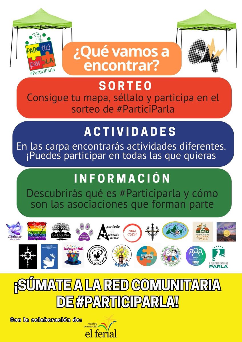 ¡VECIN@S Y ASOCIACIONES DE #PARLA!
Llega la II Jornada Conoce #ParticiParla.
Un lugar donde podrás conocer e informarte sobre las asociaciones de #Parla que forman parte de esta iniciativa.
Domingo, 5 de octubre
Casa de la Juventud Pedro Zerolo de Parla 
De 10:00 h a 14:00 h.