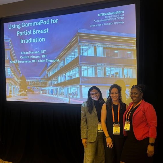 Three of our radiation therapists, Alisen Hansen, Calista Johnson, and Stella Stevenson presenting their work, "Using GammaPod for Partial Breast Irradiation," at the <a href="/ASRT/">ASRT</a> Radiation Therapy Conference during #ASTRO25.