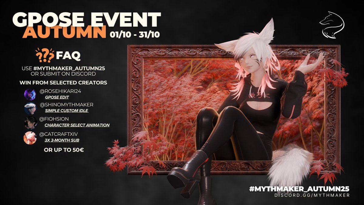 ShinoMythmaker's tweet image. 🍂 GPOSE EVENT AUTUMN 🍂

Show off your creativity in FFXIV! Submit your gpose screenshots,  videos, or renders for a chance to win amazing prizes from community  creators—including edits, custom animations, subs, or up to 50€!

⬇️FAQ⬇️

#GPOSERS #gpose