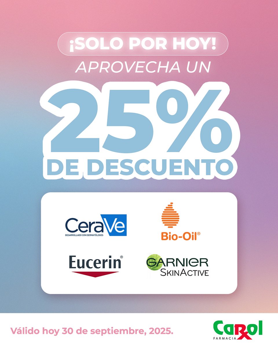 ¡Justo lo que necesitas!

Solo por hoy aprovecha un 25% de descuento en tus marcas favoritas para cuidar tu piel. ✨

Aplica para compras en sucursales, delivery y todos nuestros canales digitales.

#FarmaciaCarol