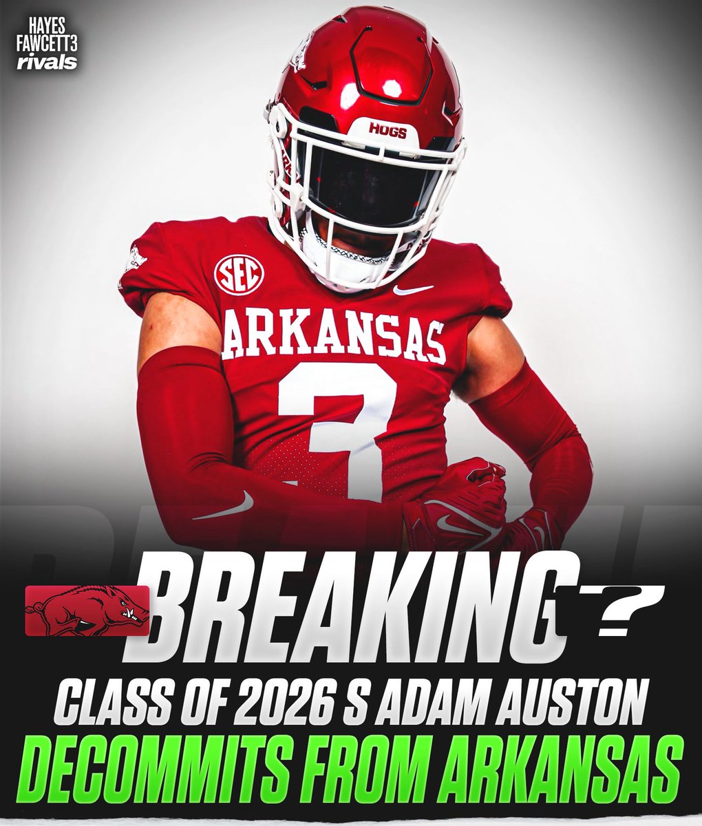 BREAKING: Class of 2026 Safety Adam Auston has Decommitted from Arkansas, he tells me for @rivals

The 6’3 215 S from Lawton, OK had been Committed to the Razorbacks since August

He currently holds a total of 18 Offers

on3.com/rivals/adam-au…