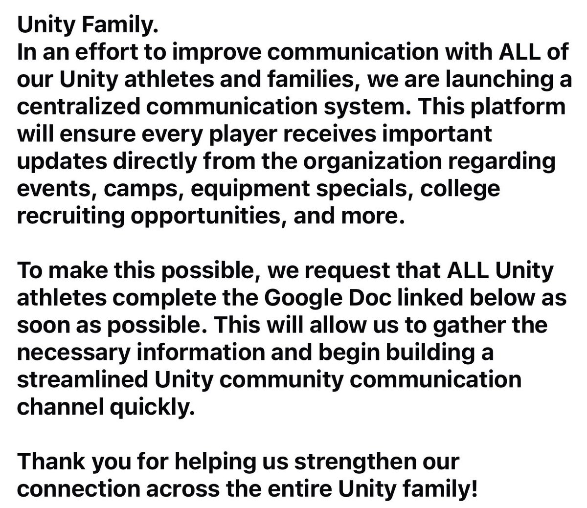 VAUnitySB's tweet image. Request for ALL Unity athletes to complete as soon as possible. Lots of great information coming. Please share with teammates.
docs.google.com/forms/d/e/1FAI…
@UnityCoachJosh @AshVanBoxmeer4