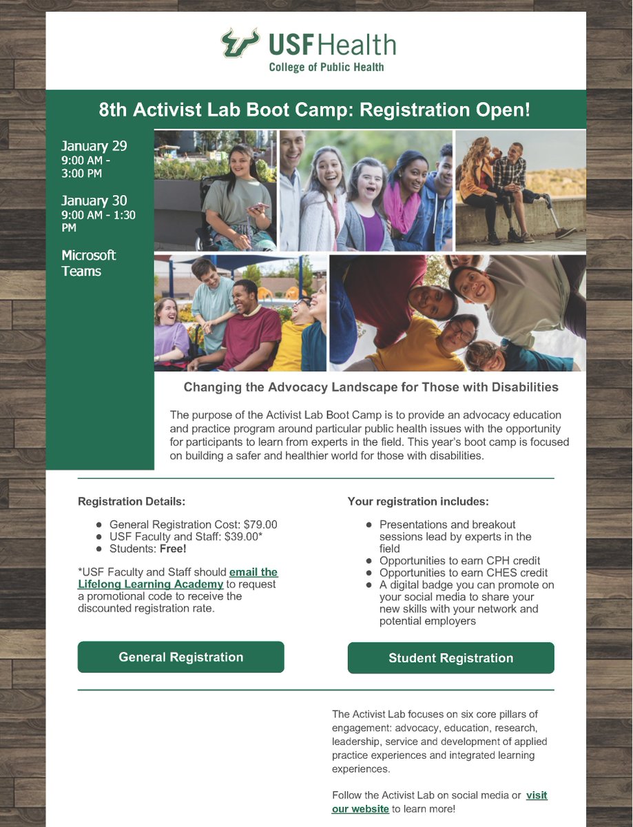 ✨ Registration is NOW OPEN for the 8th Activist Lab Boot Camp! ✨

📅 January 29 | 9:00 AM – 3:00 PM
📅 January 30 | 9:00 AM – 1:30 PM
📍 Microsoft Teams

General Registration: secure.touchnet.com/C20235_ustores…

Student Registration: usf.az1.qualtrics.com/jfe/form/SV_cO…