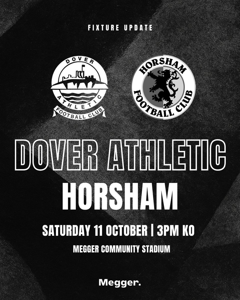 🗓️ 𝗙𝗜𝗫𝗧𝗨𝗥𝗘 𝗨𝗣𝗗𝗔𝗧𝗘

Our scheduled game against Chelmsford will be rearranged due to their continued involvement in the FA Cup. We will now face Horsham (originally set for Tue 27 Jan).

📅 Sat 11 Oct
⏰ KO 3pm
📍 The Megger Community Stadium
🆚 Horsham

#DAFC | ⚪⚫️