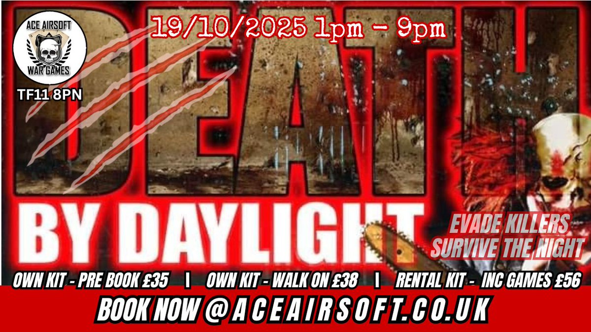 aceairsoft's tweet photo. 💀 This October… "Death by Daylight".
Scare actors, missions, LARP weapons, body parts &amp; horror survival in the dark.
Will you escape, or will it be your Death by Daylight? 🎃🔦

Book👉https://t.co/Wzz1t9aarY
#airsoft #aceairsoft #airsoftuk #airsoftevent #airsoftgame https://t.co/uuHMTaSeF8