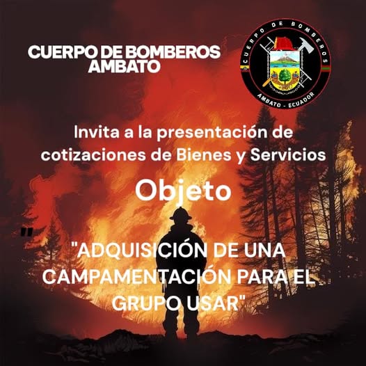 El Cuerpo de Bomberos de Ambato, en cumplimiento de los principios de trato justo,  y participación nacional, invita a los oferentes interesados a enviar sus cotizaciones. para el proceso:
"ADQUISICIÓN DE UNA CAMPAMENTACIÓN PARA EL GRUPO USAR"
l.facebook.com/l.php?u=https%…