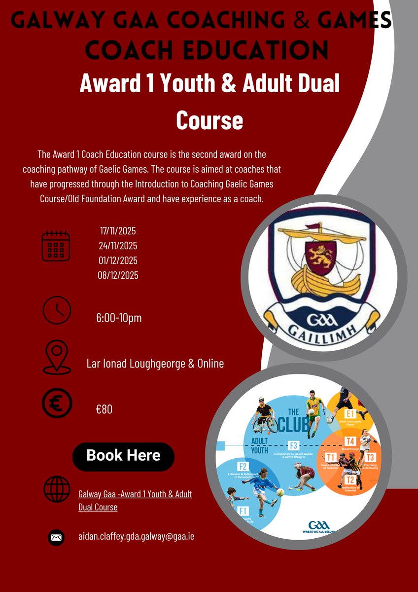 🚨Coach Education🚨

✨Galway GAA Award 1 Youth &amp; Adult Dual Coaching Course ✨

📅 Dates:
17/11/2025 | 24/11/2025 | 01/12/2025 | 08/12/2025

📚 Blended format: Online 💻 + In-person 🏟️

Develop your coaching skills &amp; support the next generation!

👉 Register now to secure your