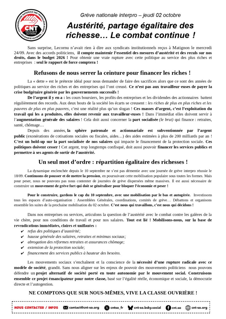Un seul mot d’ordre : répartition égalitaire des richesses !

La dynamique enclenchée depuis le 10 septembre ne s’est pas démentie avec une journée de grève interpro réussie le 18/09. Continuons de pousser et de mettre la pression, soyons nombreux-euses dans la #greve2octobre ✊