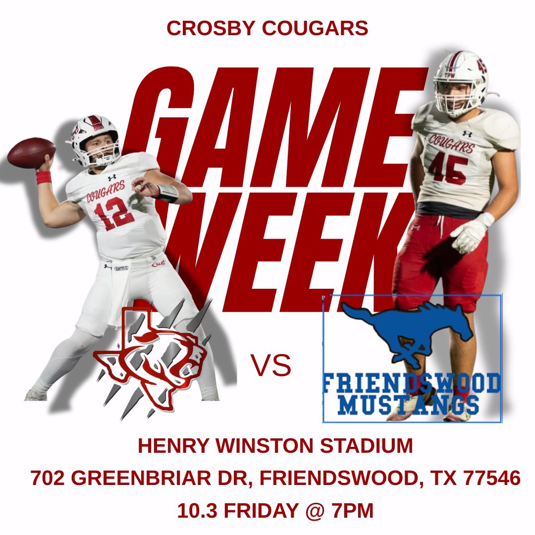 DISTRICT SHOWDOWN
Your Cougars (1-0) hit the road this Friday to take on the Friendswood Mustangs (0-1)!
📍 Henry Winston Stadium 
🕖 7:00 PM
Let’s pack the stands and keep the momentum rolling! 💪🔥 #CougarPride #DistrictPlay #Team100 #DRiVE230
