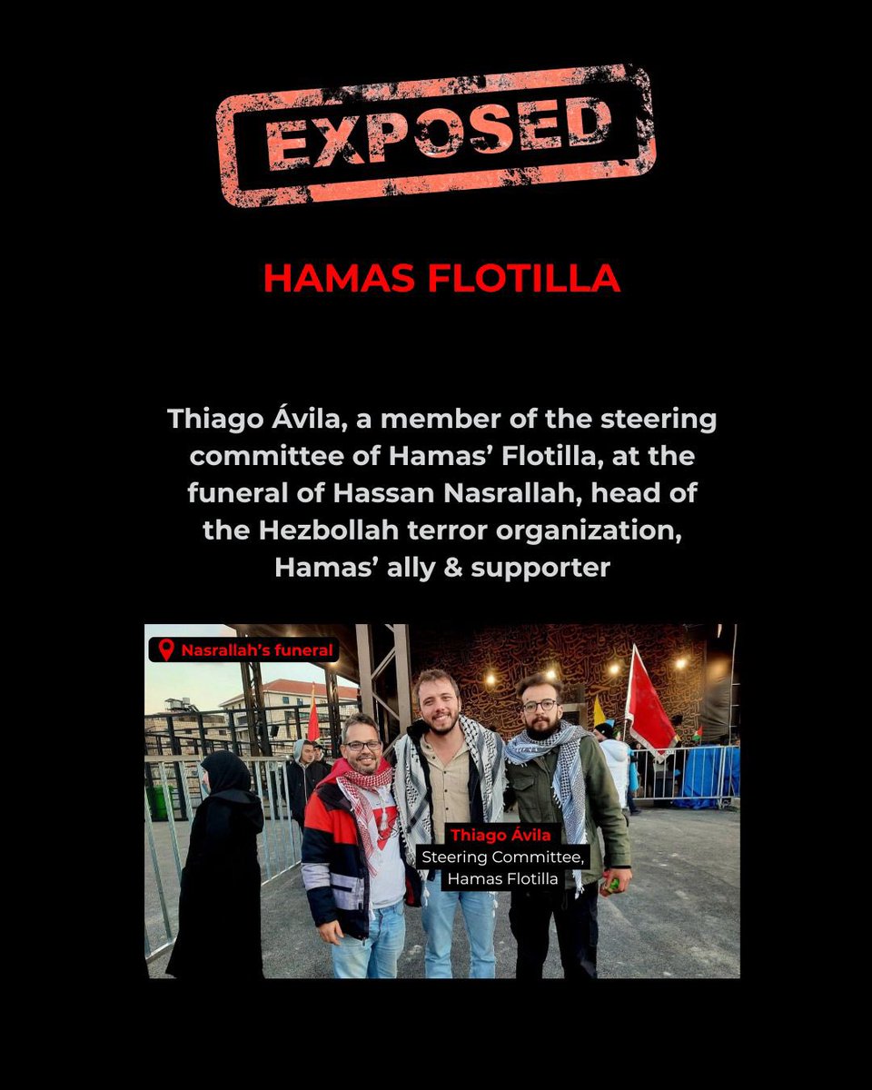 Israel's tweet image. An organizer of Hamas’ Flotilla is Hezbollah fanboy, Thiago Ávila.

Hamas’ Flotilla rejected all proposed compromise, including from the Pope.

This isn’t about aid, they don’t care for civilians. It’s all about provocation.

The rest of us try converge on President Trump’s…