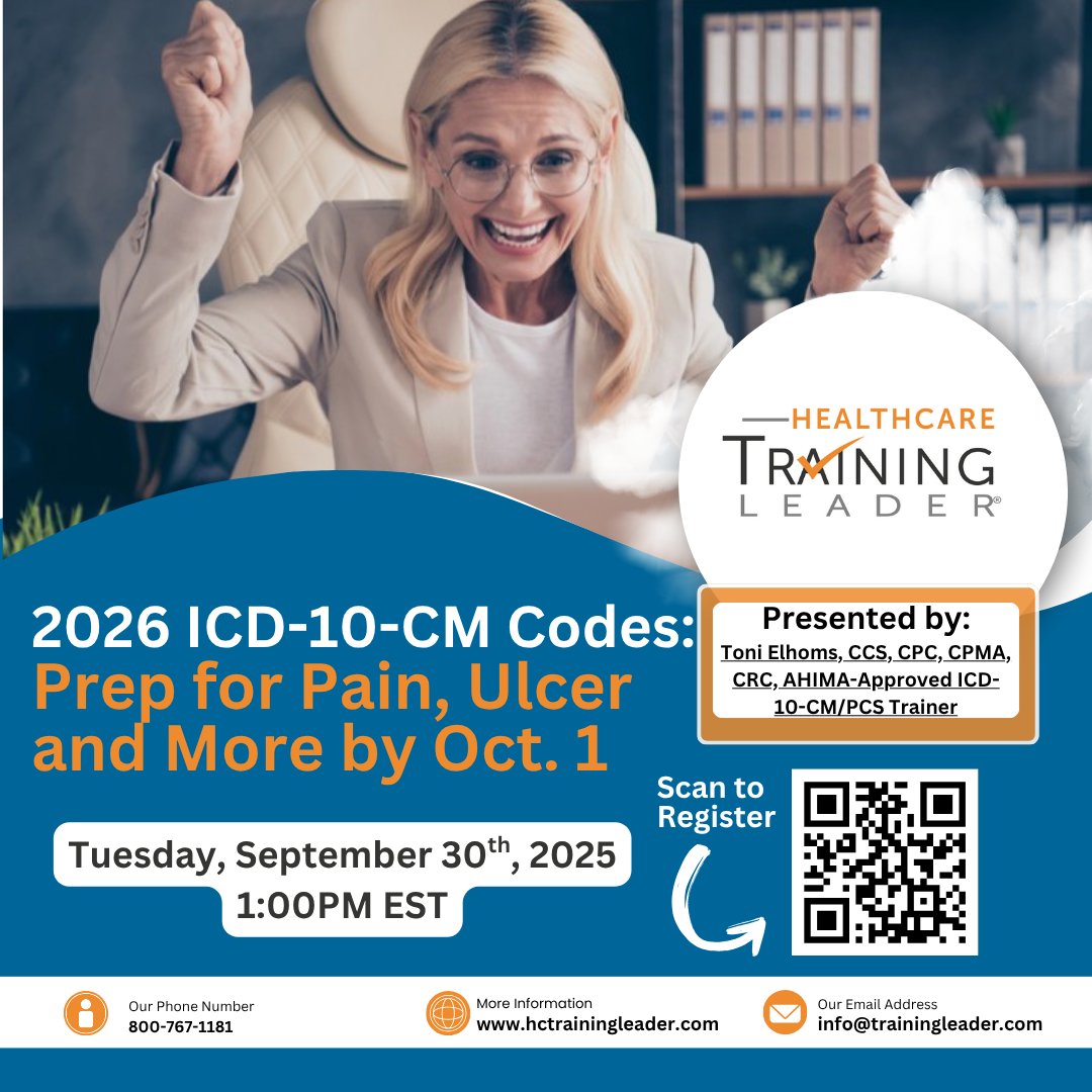 Ready for the latest updates on ICD-10-CM codes? Join us TODAY at 1PM EST for our exclusive webinar: "2026 ICD-10-CM Codes: Prep for Pain, Ulcer and More by Oct. 1" hubs.ly/Q03LvNpL0

#MedicalCoding #ICD10 #Webinar #HealthcareCompliance