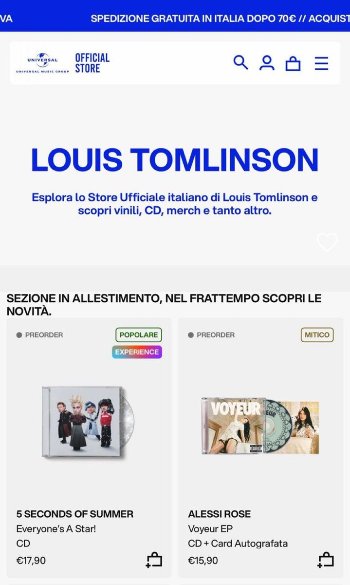 LouisWTNation's tweet image. On the Universal Music Italia online store, the section dedicated to Louis is currently being worked on.
We are getting that album soon! Most likely this same month. 

🔗: shop.universalmusic.it/collections/lo… 
#Lade 
@UMusicItalia