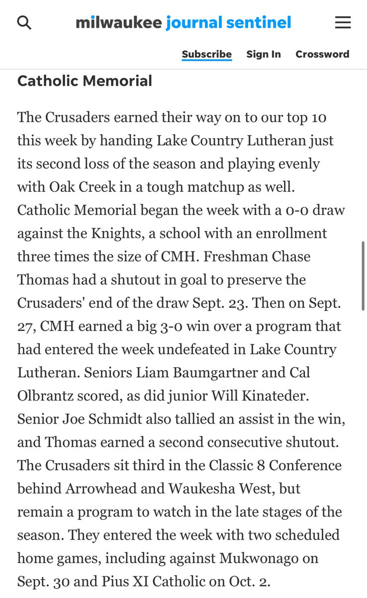 Congrats ⁦<a href="/CMHBoysSoccer/">CMH Boys Soccer</a>⁩ on being named JS TEAM OF THE WEEK! Vaulting into the top 10 in our area ⁦<a href="/CMHCrusaders/">Catholic Memorial HS</a>⁩