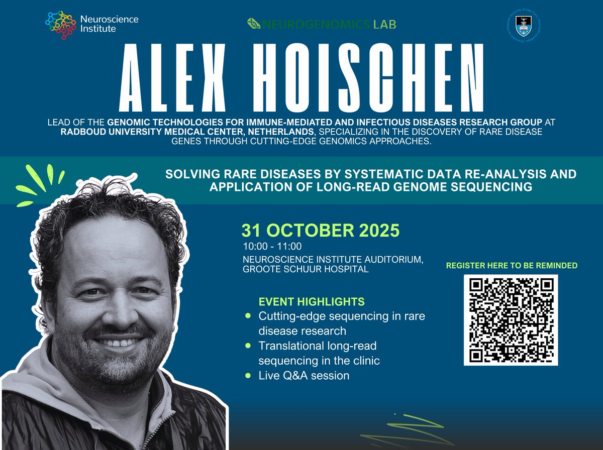 Pushing the boundaries of what rare disease discovery can look like - excited to host Prof. Alexander Hoischen (Radboud University Medical Center, NL) at the UCT Neuroscience Institute!

📍 31 Oct 2025 10:00 NI Auditorium
👉 register here: lnkd.in/d4SRn8zM