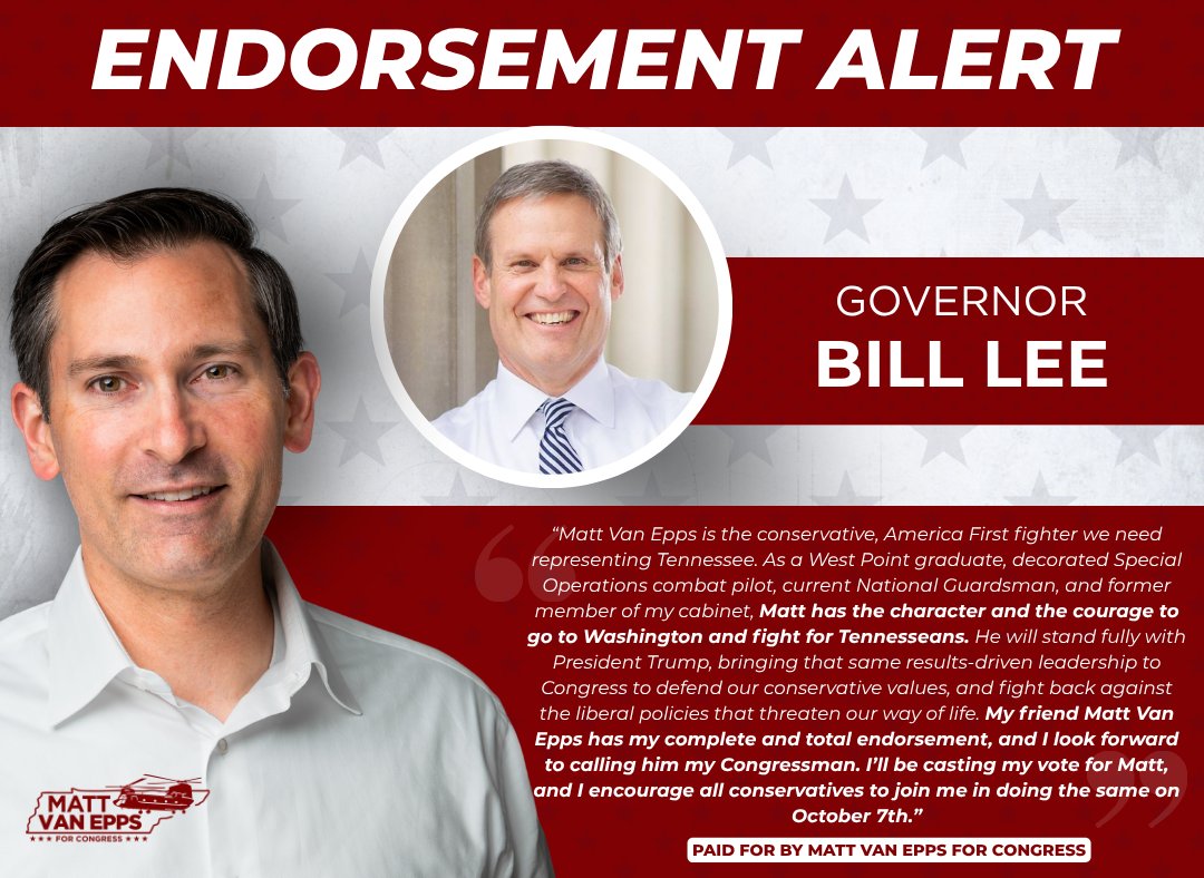 MattForTN's tweet image. BREAKING: I’m deeply honored by Gov. Lee’s endorsement. In Congress, I will be a defender of the President, a strong conservative voice, and a dedicated representative for the people of TN-7. This is our time-for TN, for America, and for the future we deserve. #MattforTN #TN7