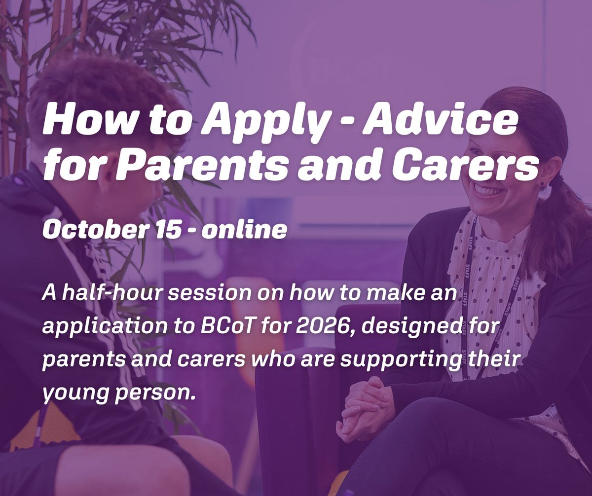 bcot's tweet image. 📢 Calling all parents and carers 📢 

On Wednesday 15 October, we will be hosting an online session where you can learn more about our application process.

Register for this event now: eventbrite.co.uk/e/how-to-apply…

#BCoT #NewStudents #Information #Support