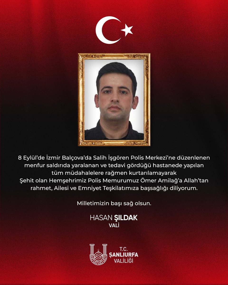İzmir'deki Hain saldırıda Ağır yaralanan Yakın Akrabam polis memuru Ömer Amilağ şehit olmuştur.
Mekanı Cennet olsun.