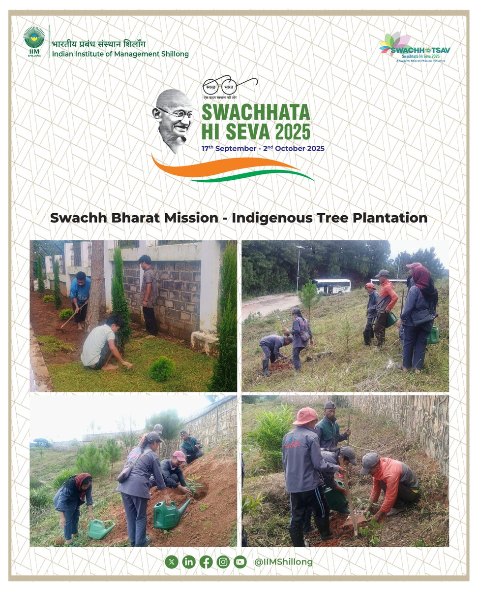 IIM Shillong reaffirmed its commitment to sustainability and collective responsibility by conducting a plantation drive of indigenous trees on campus. The initiative echoes the spirit of Swachhata Hi Seva 2025 and envisions a greener, cleaner tomorrow.
<a href="/EduMinOfIndia/">Ministry of Education</a> <a href="/MoHUA_India/">Ministry of Housing and Urban Affairs</a>