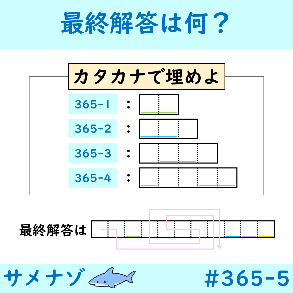 Samenazo_Aqua's tweet photo. サメナゾ　365問目（2025/9/30出題）

「一周年（最終解答編）」

※RP・引用RP・リプ欄等に答えを書き込まないで下さい。
※正誤判定、ヒント等はDMで対応します。

#サメナゾ
#謎解き
#解けたらRP https://t.co/5oR3cW0ULX