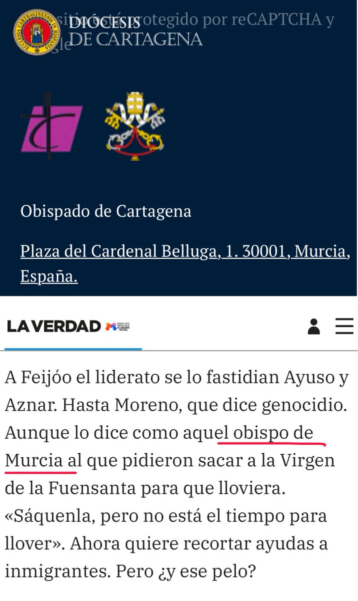 Ahora es Rosa Belmonte <a href="/rosabelmonte/">Rosa Belmonte</a> en <a href="/laverdad_es/">laverdad_es</a> quien habla de un supuesto “Obispo de Murcia”.
👉🏻Murcia no tiene obispado ni diócesis ni jamás lo tendrá, solo el municipio de Cartagena lo tiene en este territorio eclesiástico, que no administrativo, del cual Cartagena es la