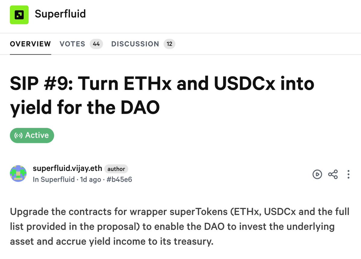 mthacks's tweet image. I just voted &quot;For&quot; on @Superfluid_HQ #9: Turn ETHx and USDCx into yield for the DAO&quot;. If you are a $SUP holder or delegate, please vote! snapshot.box/#/s:superfluid…
