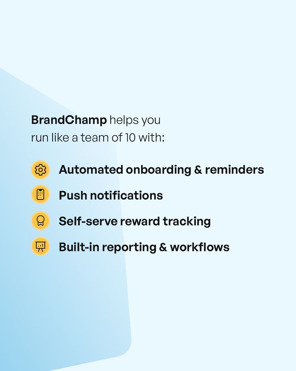 brandchamphq's tweet photo. Small team ≠ small impact

You don’t need 5 people managing your program

You need a centralized system.

BrandChamp gives you the power to:

✅ Onboard fast

✅ Communicate easily

✅ Reward smarter

All from one platform.

💬 DM us to explore what this could look like for you https://t.co/dKSDEcOqcl