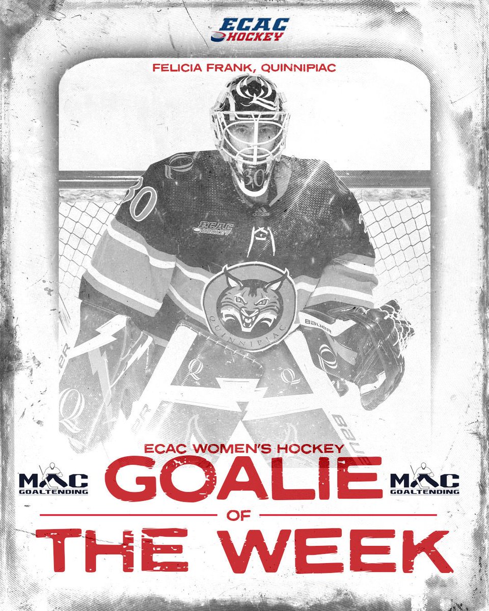 <a href="/bluebirdhotels/">Bluebird Hotels</a> <a href="/QU_WIH/">Quinnipiac Women's Ice Hockey</a> <a href="/UnionWHockey/">Union Women's Hockey</a> .@macgoaltending Goalie of the Week Felicia Frank (@qu_wih) went 2-0-0 on the weekend, posting a 1.75 goals against, 26 saves, and a .897 save percentage! 

#ECACHockey