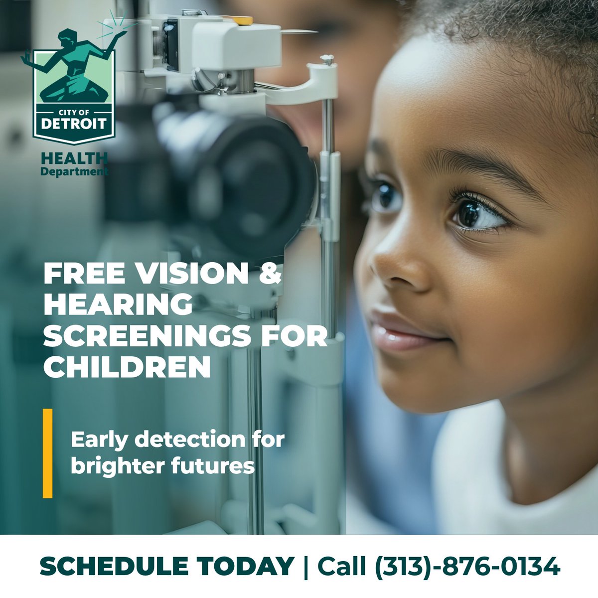 Did you know the Detroit Health Department offers FREE vision and hearing screenings for children 3-18? Screenings are available Monday through Friday, 8:00 am to 4:30 pm at 100 Mack Avenue. To schedule an appointment, call 313-876-0134