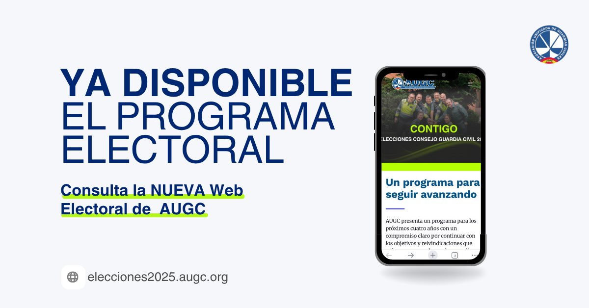 📢 Ya puedes consultar el Programa Electoral de AUGC para los próximos 4 años.

Un compromiso firme con los objetivos y reivindicaciones que más preocupan a los guardias civiles. 

👉 elecciones2025.augc.org

#AUGC #ProgramaElectoralAUGC #HechosNoPalabras