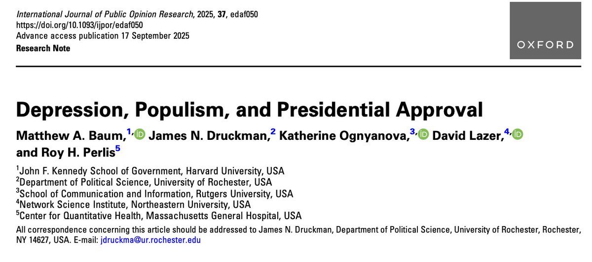 The 2025 paper "Depression, Populism, and Presidential Approval" finds that negative affect, which is surging among young ppl across the West, correlates strongly with support for populism.

If true, this has to be one of the most important facts about 21st century politics.
