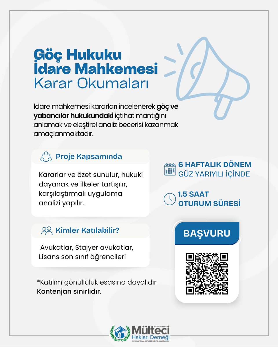 📢 Göç Hukuku İdare Mahkemesi Karar Okumaları başlıyor!

Göç ve yabancılar hukukundaki içtihatları birlikte inceleyip, eleştirel analiz becerisi geliştirmek ister misiniz? ⚖️

👩‍⚖️ Katılımcılar: Avukatlar, stajyer avukatlar, lisans son sınıf öğrencileri
🗓 6 haftalık dönem – Güz