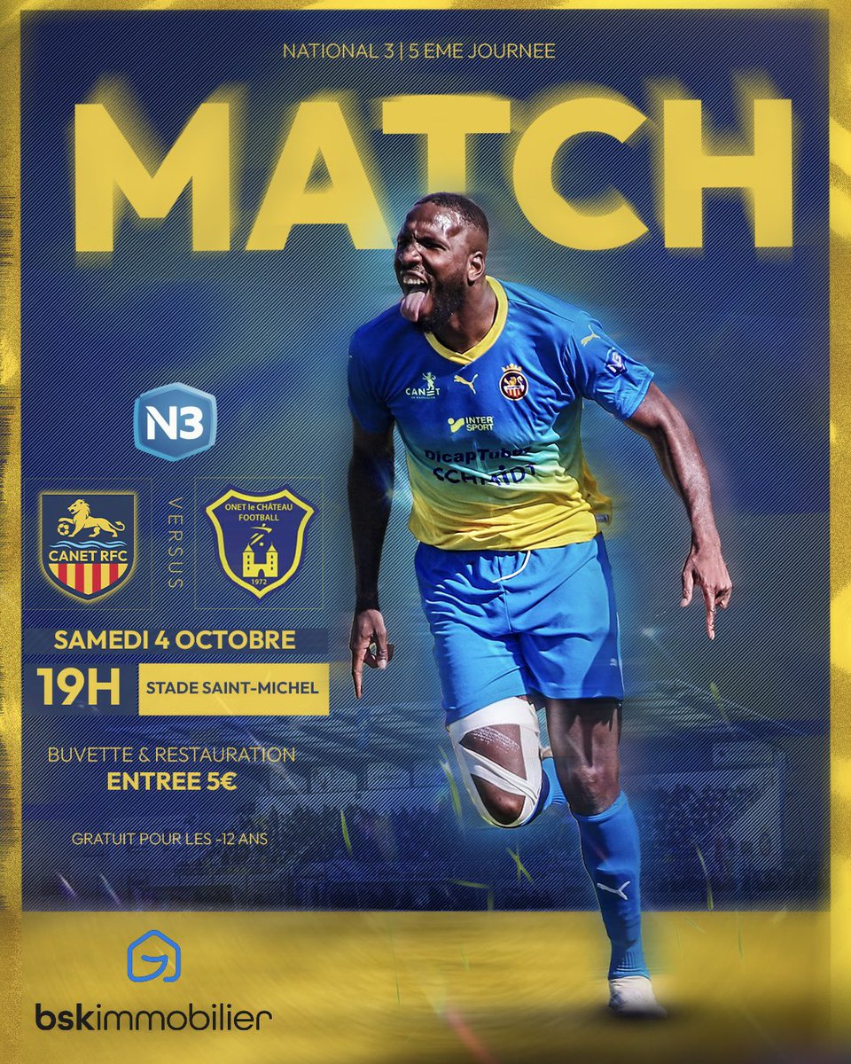 ⚽ 𝗡𝗮𝘁𝗶𝗼𝗻𝗮𝗹 𝟯 – 𝟱𝗲̀𝗺𝗲 𝗷𝗼𝘂𝗿𝗻𝗲́𝗲

Nos Lionceaux du reçoivent Onet-le-Château Football 🔥
📍 Stade Saint-Michel – samedi 4 octobre | 19h
🎟️ 5€ (gratuit -12 ans)

BSK Immobilier, partenaire du match 👏

💙💛Tous derrière nos Lionceaux 🦁