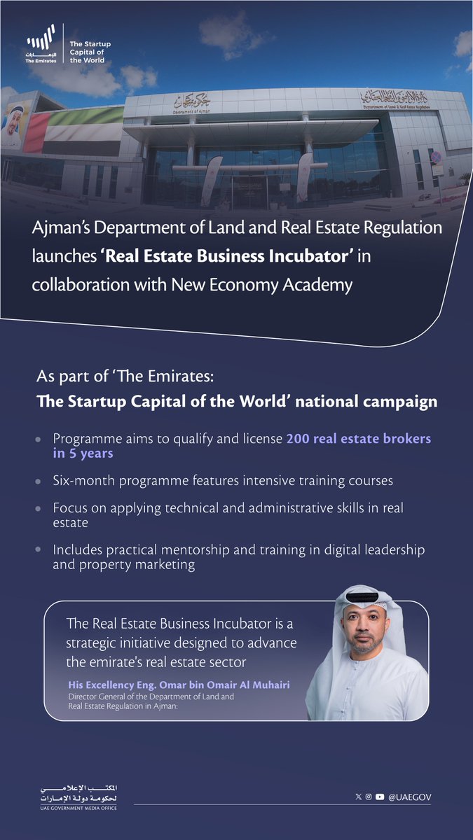 ‘The Emirates: The Startup Capital of the World’ national campaign: #Ajman's Department of Land launches ‘Real Estate Business Incubator’ 

Read more: link.aletihad.ae/JLDC 

#AletihadNewsCenter #UAE #business