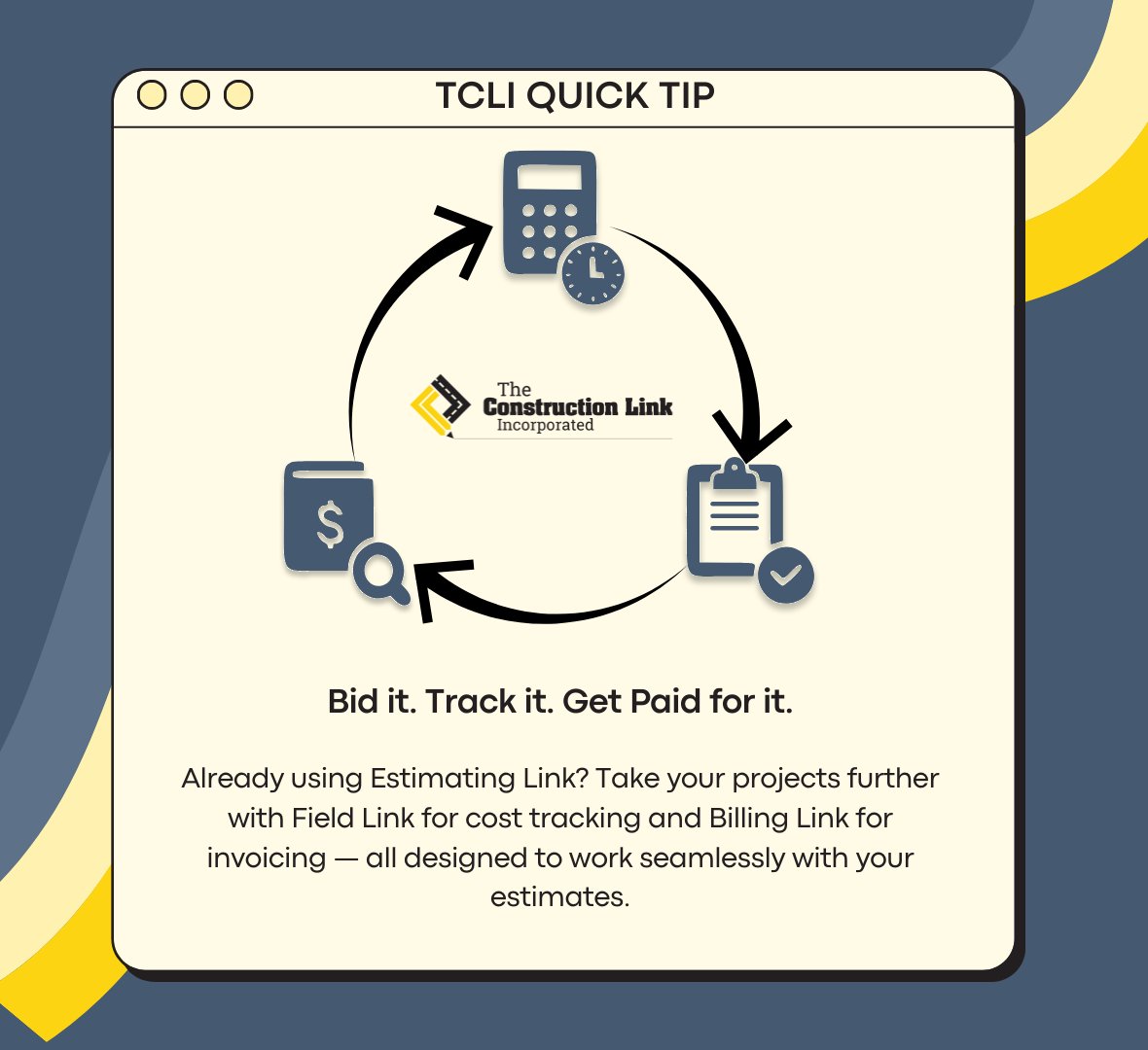 TCLI_Software's tweet image. Estimating Link gets you the job. 
Field Link helps you track it. 
Billing Link makes sure you get paid. 

Together, they cover your entire project lifecycle.

#TCLISoftware