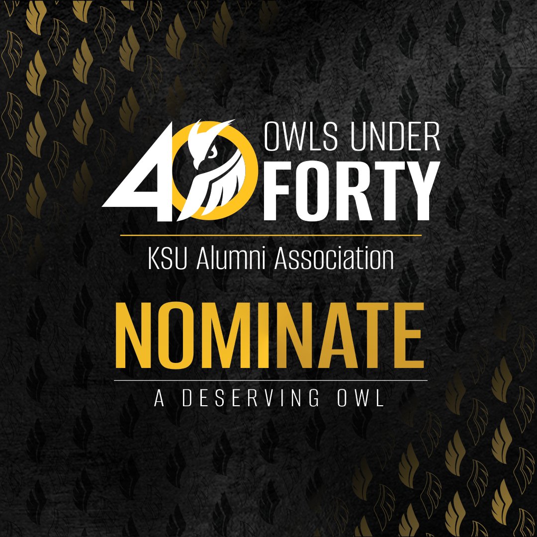 LAST DAY for nominations!🦉⭐️ 
--
Do you know an outstanding Owl under 40 who is making bold strides in their career, community, or beyond? Help us recognize the next class of KSU alumni leaders! #KSU #BagwellCollege

Nominate your candidate here: kennesaw.edu/alumni/events-…