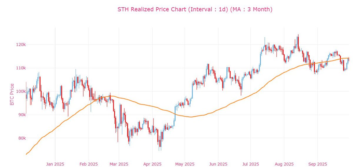 📊 Bitcoin is once again testing the STH Realized Price (3M MA).

This level has historically acted as a pivot — when price holds above, short-term holders gain confidence and rallies accelerate. When it breaks below, pressure mounts as weak hands exit.

Right now, BTC is
