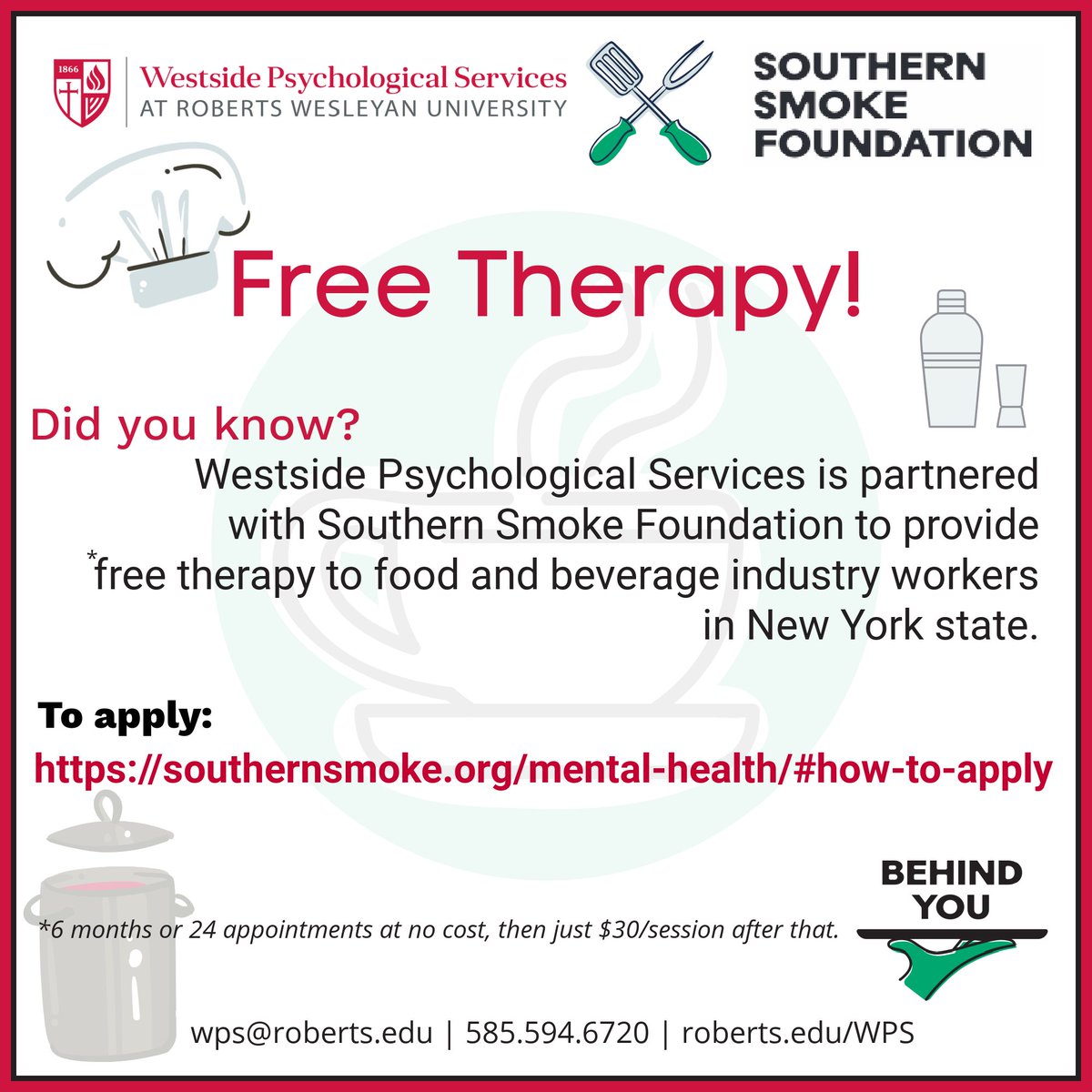 WPSatRWU's tweet photo. Food &amp; Beverage Workers in NY: Your well-being matters.🍽️

We're partnered with the Southern Smoke Foundation to provide FREE THERAPY to support you through burnout, stress, &amp; life's challenges.

No cost for the first 6 months.

➡️ Get help now: https://t.co/kEt0peynsV

#wpsatrwu https://t.co/dEvhTyGwNb