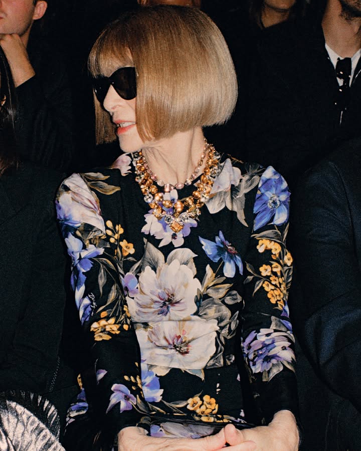 dolcegabbana's tweet photo. Spotlights on #AnnaWintour and #MerylStreep at #DGSS26 Women’s Fashion Show.  

Anna Wintour wore a #DolceGabbana custom-made long-sleeved crew neck dress in silk charmeuse with pictorial floral print on a black background, fitted bodice with slight gathering at the neckline, and godet skirt with black inner lining in stretch silk charmeuse.  

Meryl Streep wore a vinyl trench coat from the #DGSS25 Fashion Show Collection, styled with a lamé animalier shirt and slim-fit trousers. The look is completed with a Leopard print belt, a Leopard print fur-free Marlene clutch, and nude pumps.  

First and third picture credits: @VogueRunway and Acielle/Style Du Monde
