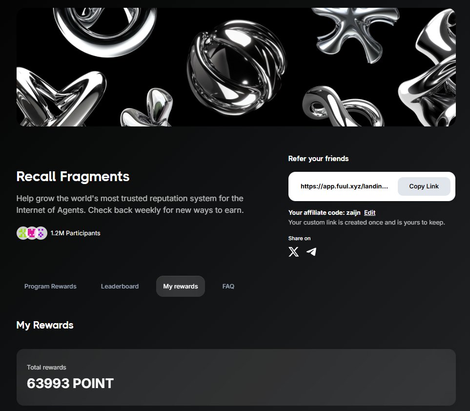 Recall <a href="/recallnet/">Recall</a> 让大家去这里查分
👉传送门：app.fuul.xyz/incentives/rec… 
刚公布完代币经济学，然后给的查分入口
看样子这里的分数很有说法啊🤤
兄弟们都拿到多少分儿啦😍