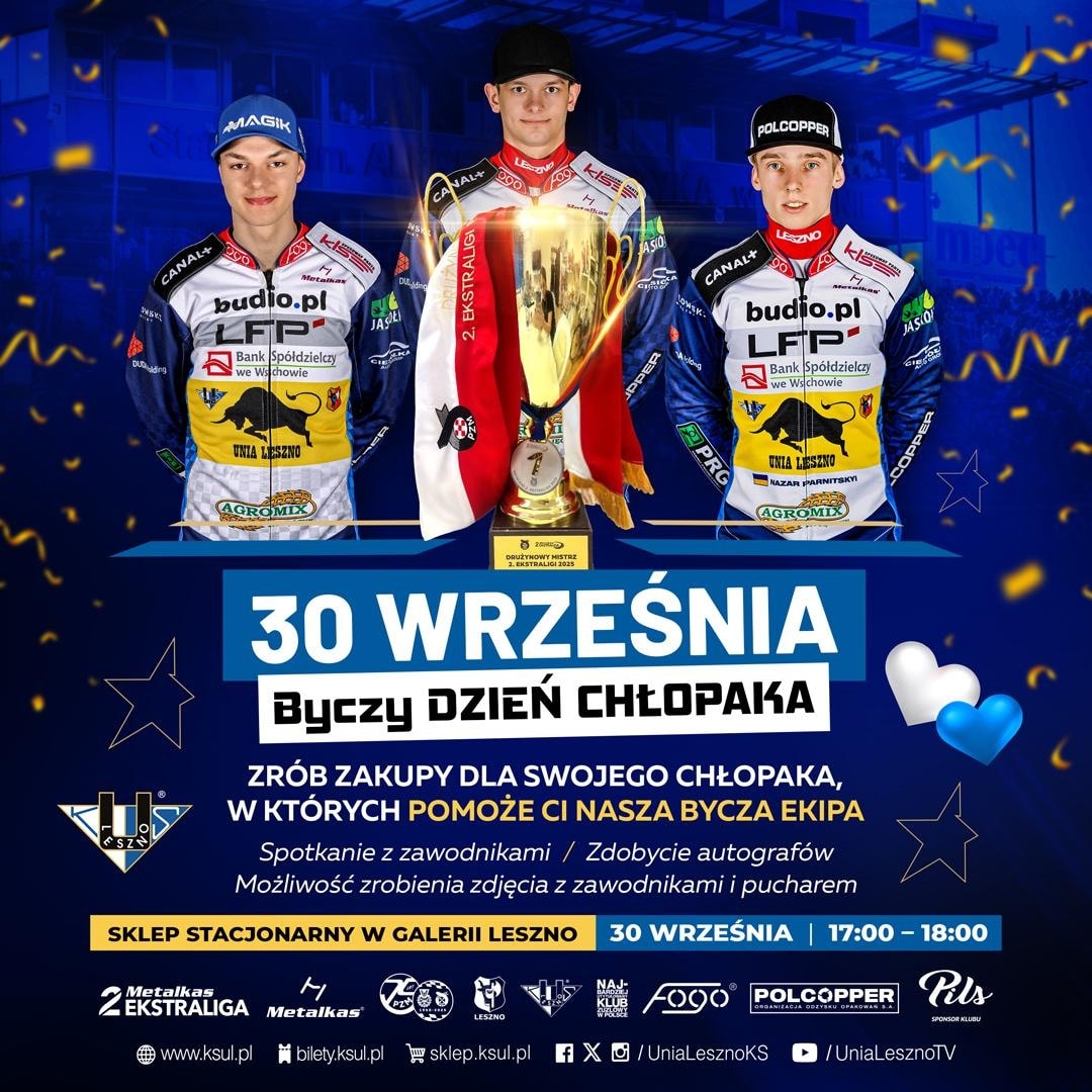 UniaLesznoKS's tweet photo. Wszystkiego najlepszego, Chłopaki 🥳
Przypominamy, że dziś o 17:00 w Galerii Leszno widzimy się na wspólnym świętowaniu🎉
#UniaLeszno #Metalkas2Ekstraliga #PGEEkstraliga #KSUL2025 #Speedway #BullSquad https://t.co/pguqApw5hO