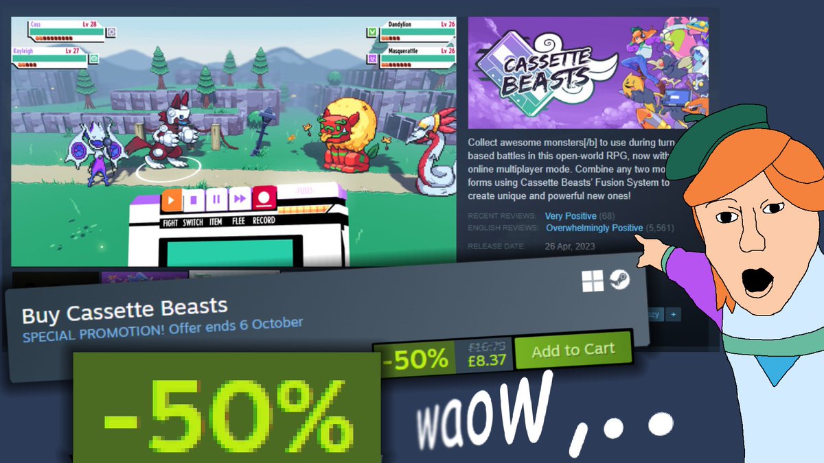 Hey, Cassette Beasts is 50% off on the Raw Fury Steam Autumn Sale! What a great time to bother your friends into playing our monster collecting RPG! 💜

Link below 👇