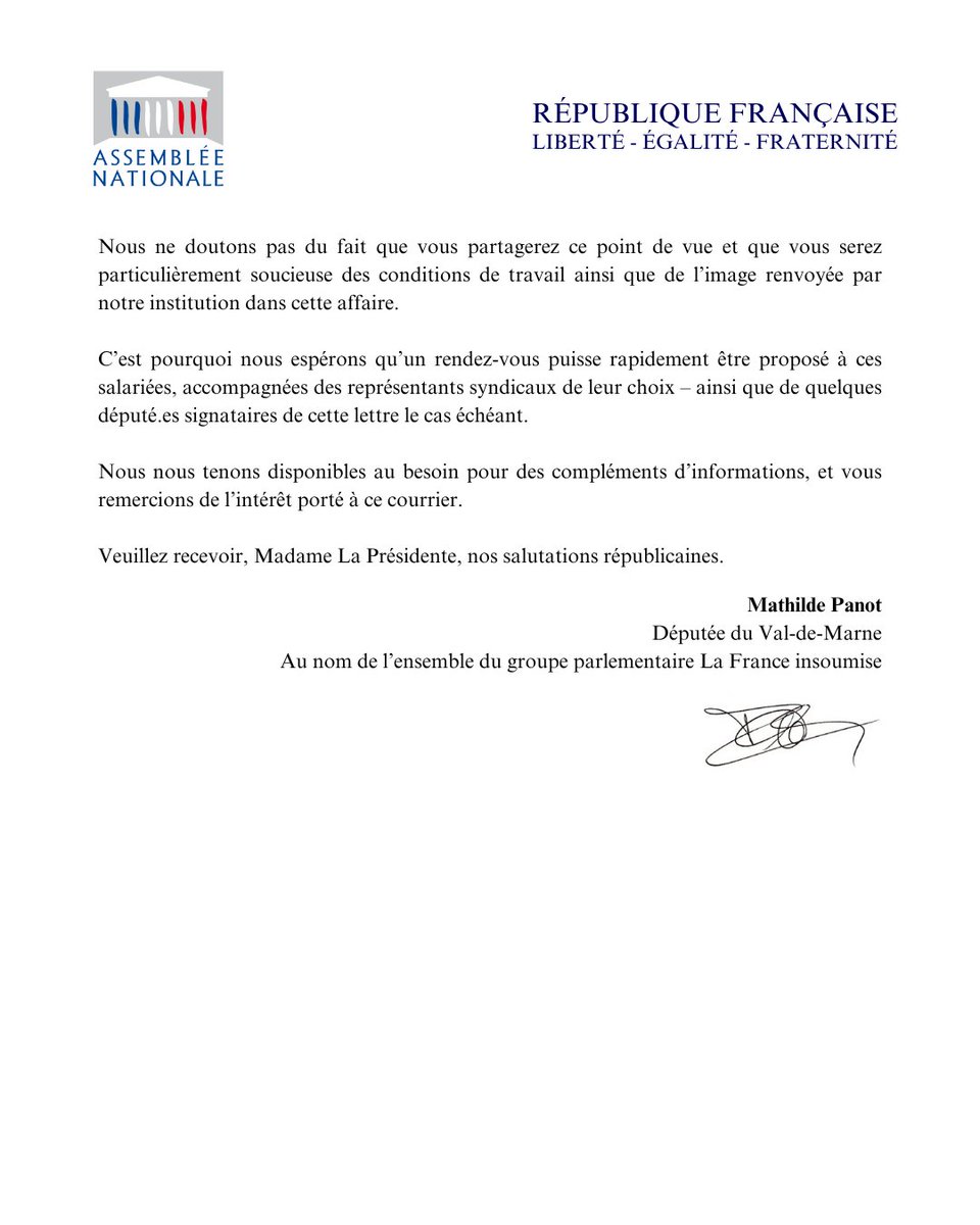 🔴📄 <a href="/MathildePanot/">Mathilde Panot</a> alerte <a href="/YaelBRAUNPIVET/">Yaël Braun-Pivet</a> sur la situation de travail des salariées qui effectuent le ménage dans le bâtiment du 101 rue de l'université ⤵️