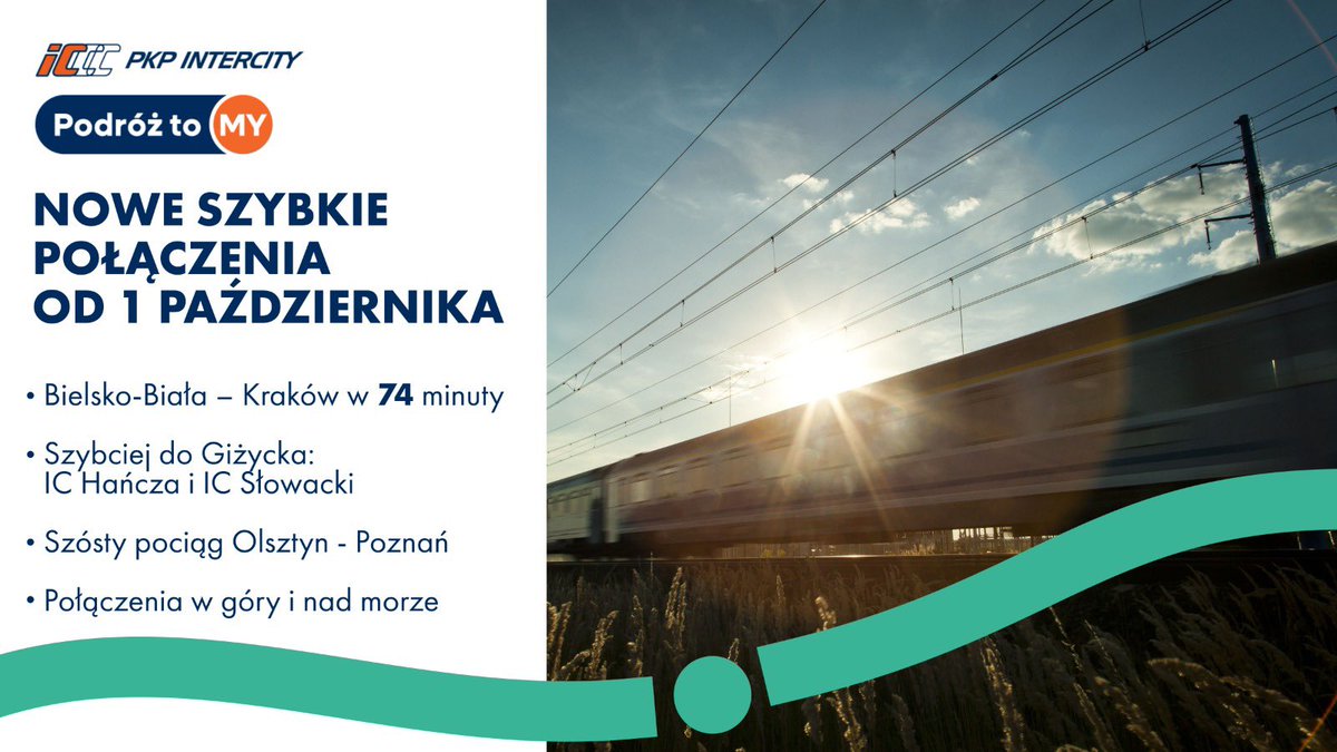 ‼️Od 1.10 ruszamy z nowymi, szybkimi połączeniami!
➡️ Bielsko-Biała – Kraków w 74 minuty
➡️ Szybciej do Giżycka: IC Hańcza i nowy IC Słowacki
Więcej komfortu, więcej możliwości!
📲 Szczegóły: 👉intercity.pl/pl/site/o-nas/…