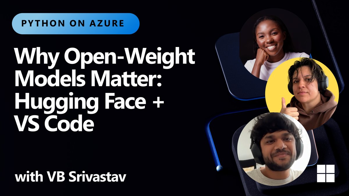 New Python on Azure episode just dropped.

We sat down with the brilliant <a href="/reach_vb/">Vaibhav (VB) Srivastav</a> from <a href="/huggingface/">Hugging Face</a> to talk open-weight AI models and how they’re shaping the future.

- What is Hugging Face?
- Why open weights matter for developers
- Demo: Hugging Face 🤝 VS Code Extension
