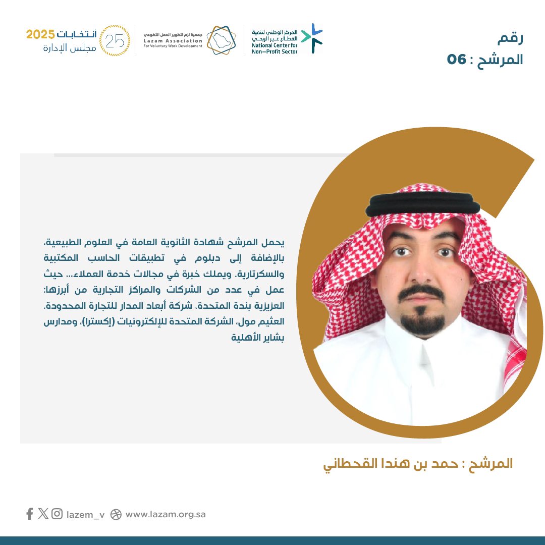 المرشح رقم (06)
حمد بن هندا القحطاني
حاصل على دبلوم في تطبيقات الحاسب، مع خبرة في السكرتارية والخدمات المكتبية.
عمل في عدد من الشركات والمراكز التجارية، واكتسب خبرة عملية متنوعة في خدمة العملاء.
🎯 يطمح للمساهمة في تطوير الجمعية ودعم مستفيديها.

#انتخابات_لزم #مجلس_الإدارة_2025