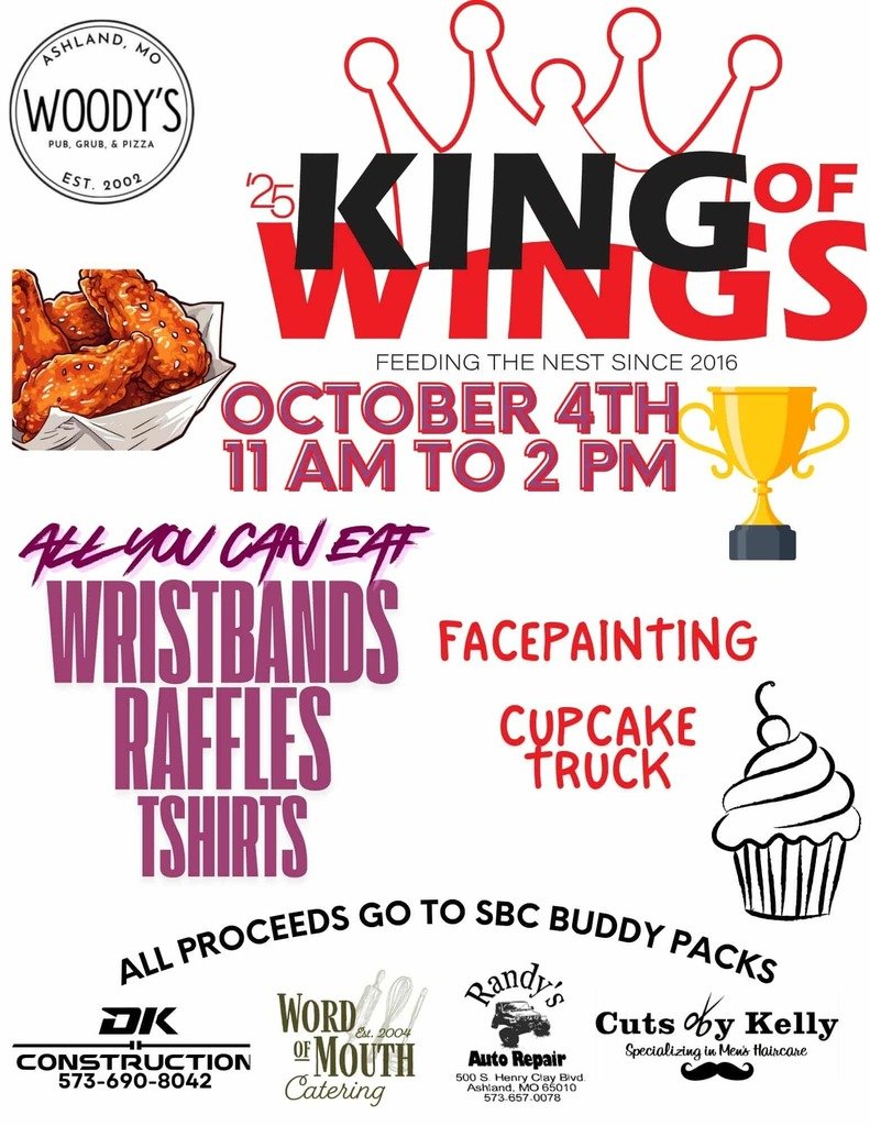 🐔👑 The King of Wings fundraiser is this Saturday, October 4th, from 11 AM – 2 PM at Woody’s in Ashland. Enjoy all-you-can-eat wings, raffles, face painting, cupcakes and more. All proceeds benefit the Southern Boone Buddy Pack Program! 🍗🧁🎟️
