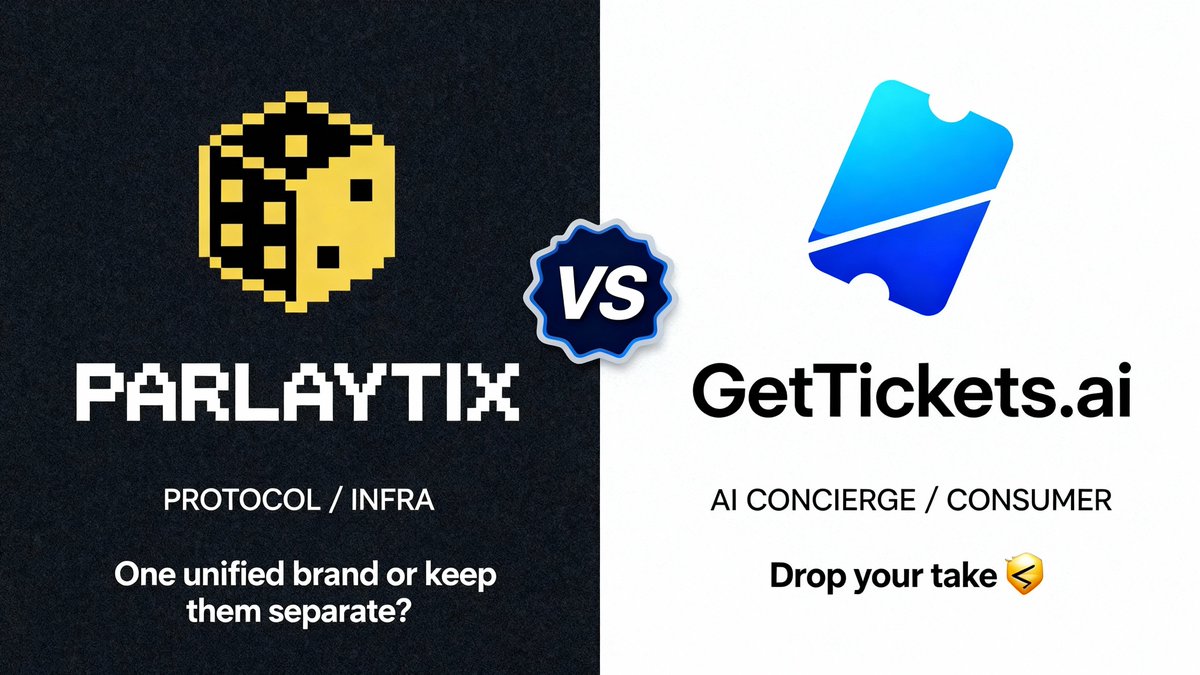 Hot take degen edition 🔥

We’re spinning up GetTickets as the AI concierge that helps fans buy, split, and conditionalize tickets — while ParlayTix remains the protocol.

Do you prefer:

One unified brand
OR
Infra + consumer split

Drop your take 👇