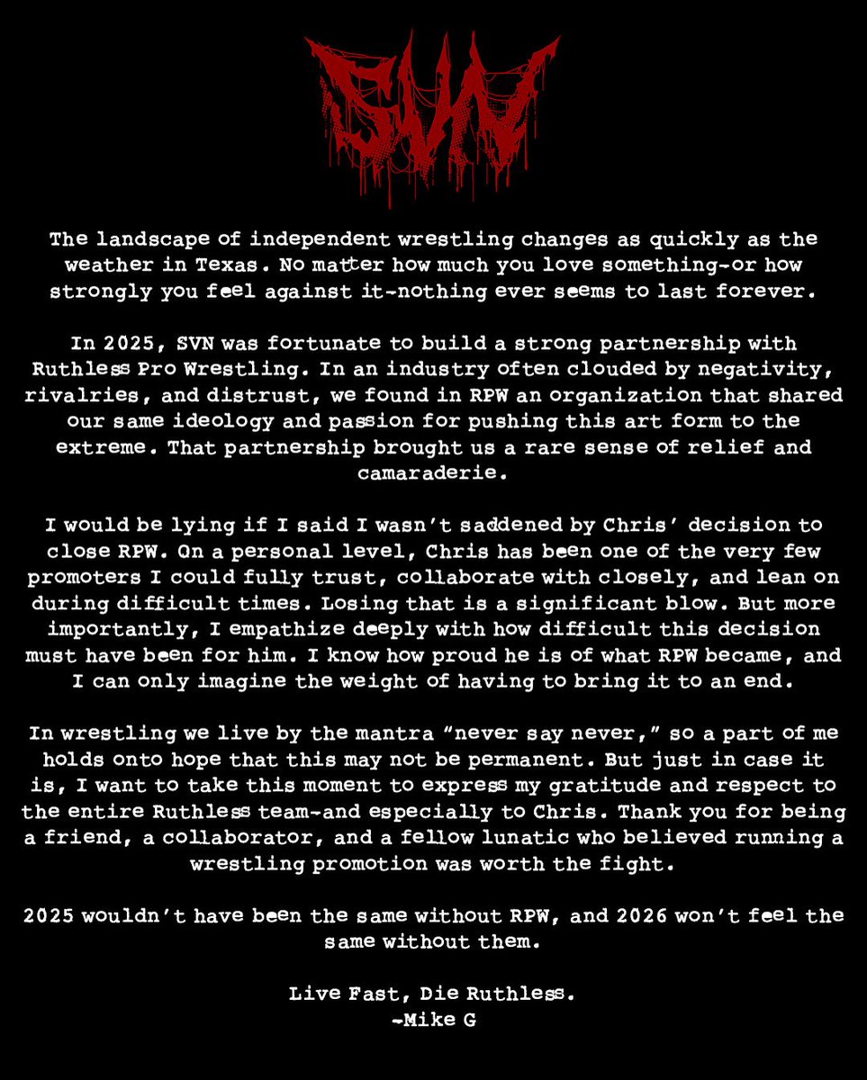 sVnWrestling's tweet image. A message from the heart to our friends @RuthlessPro419