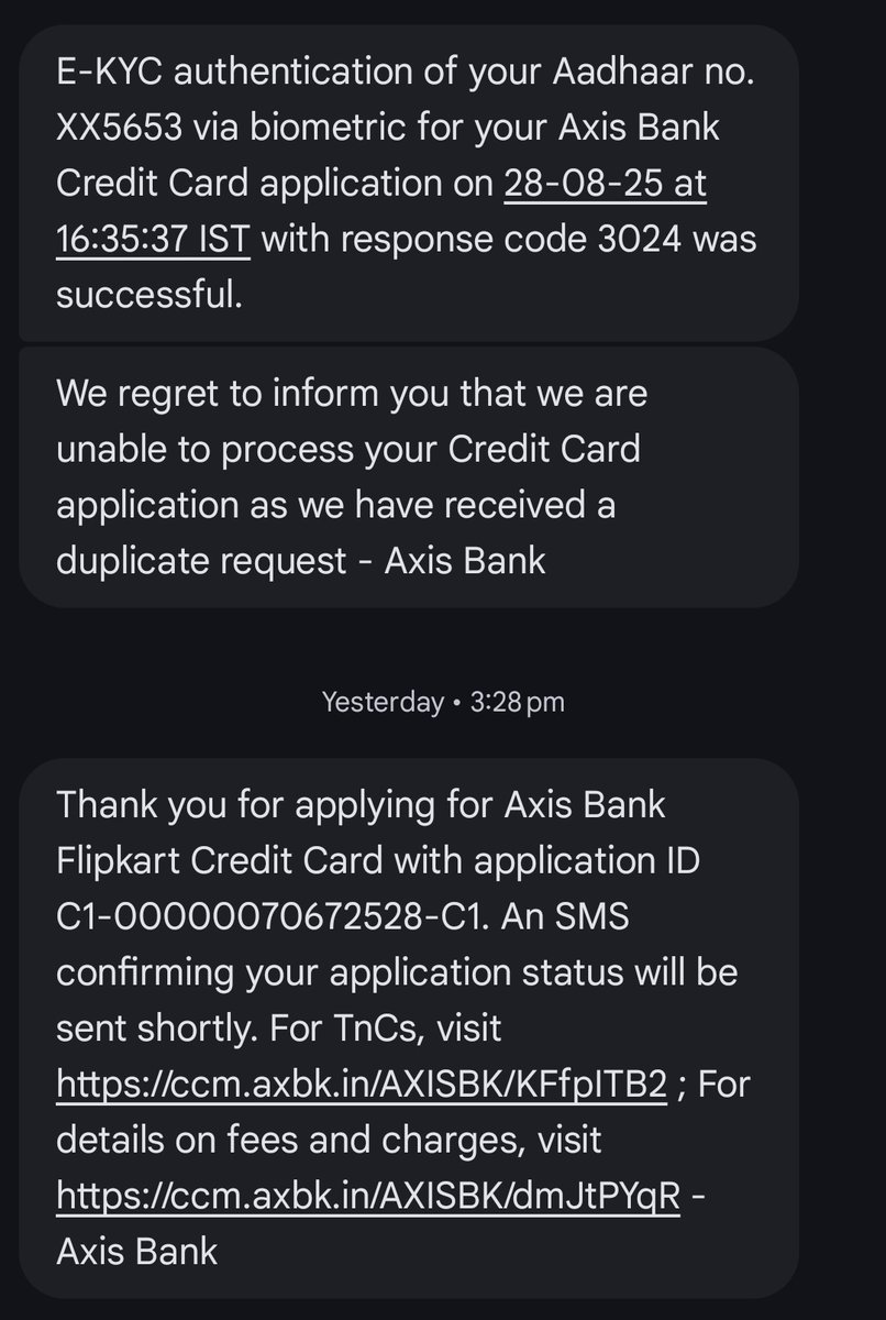 AmimAkhtar3's tweet photo. Flipkart axis bank credit card application rejected after video kyc successful 
Once application rejected flipkart axis bank credit card again send me offer and i apply again and again rejected @flipkartsupport @Flipkart @AxisBank @AxisBankSupport @RBI @TheOfficialSBI https://t.co/ClMUoFpfkq