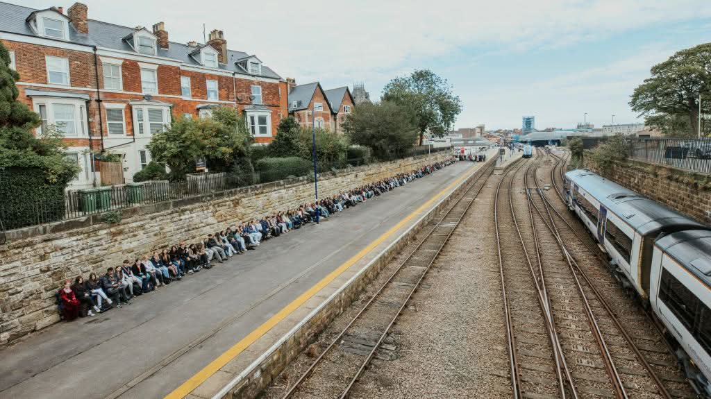 A great turn for todays celebration of the world's longest station seat. 
Thanks everyone who came to the event,  students of Scarborough Sixth Form College who filled the bench for us, some of whom dressed up in costumes, and to the Scarborough Town Crier.
239 on the bench